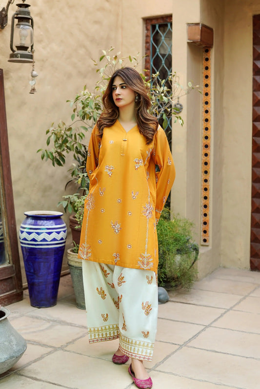 MUSTARD COTTON EMBROIDED 2 PIECE