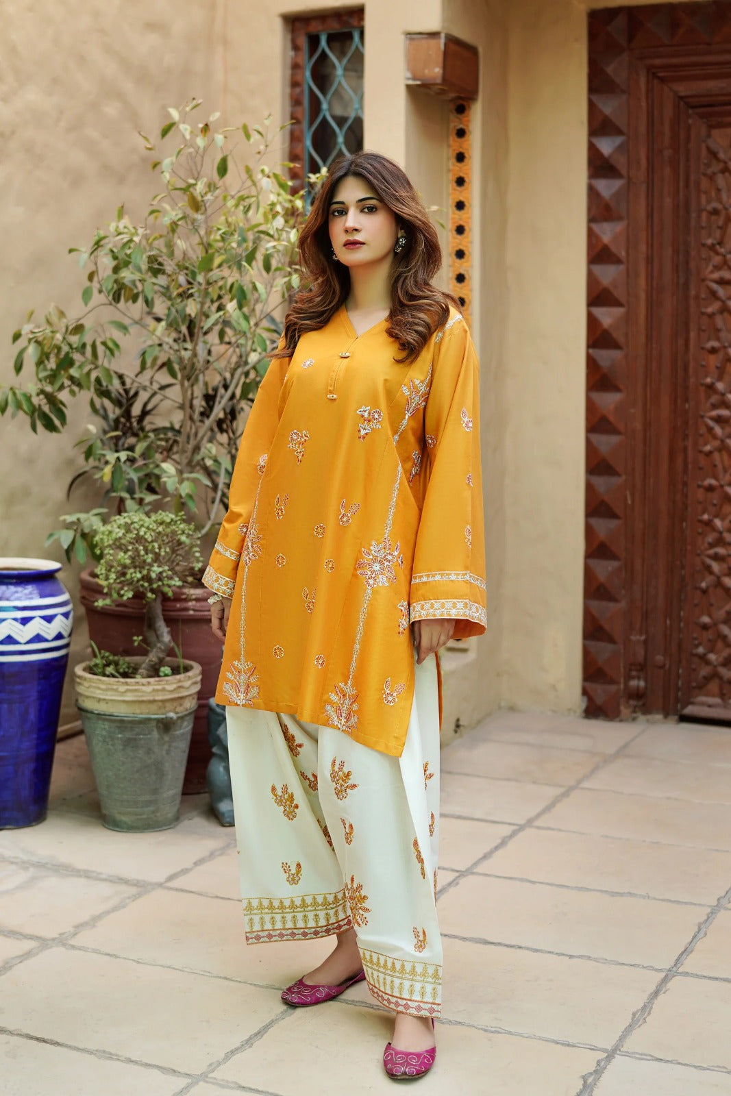 MUSTARD COTTON EMBROIDED 2 PIECE