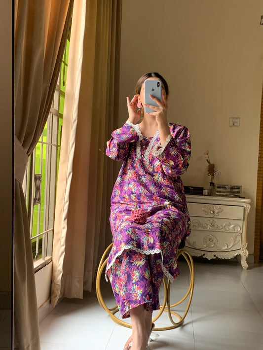 Stitched 2-Piece Set with Elegant Lace Detailing – Long Length Outfit