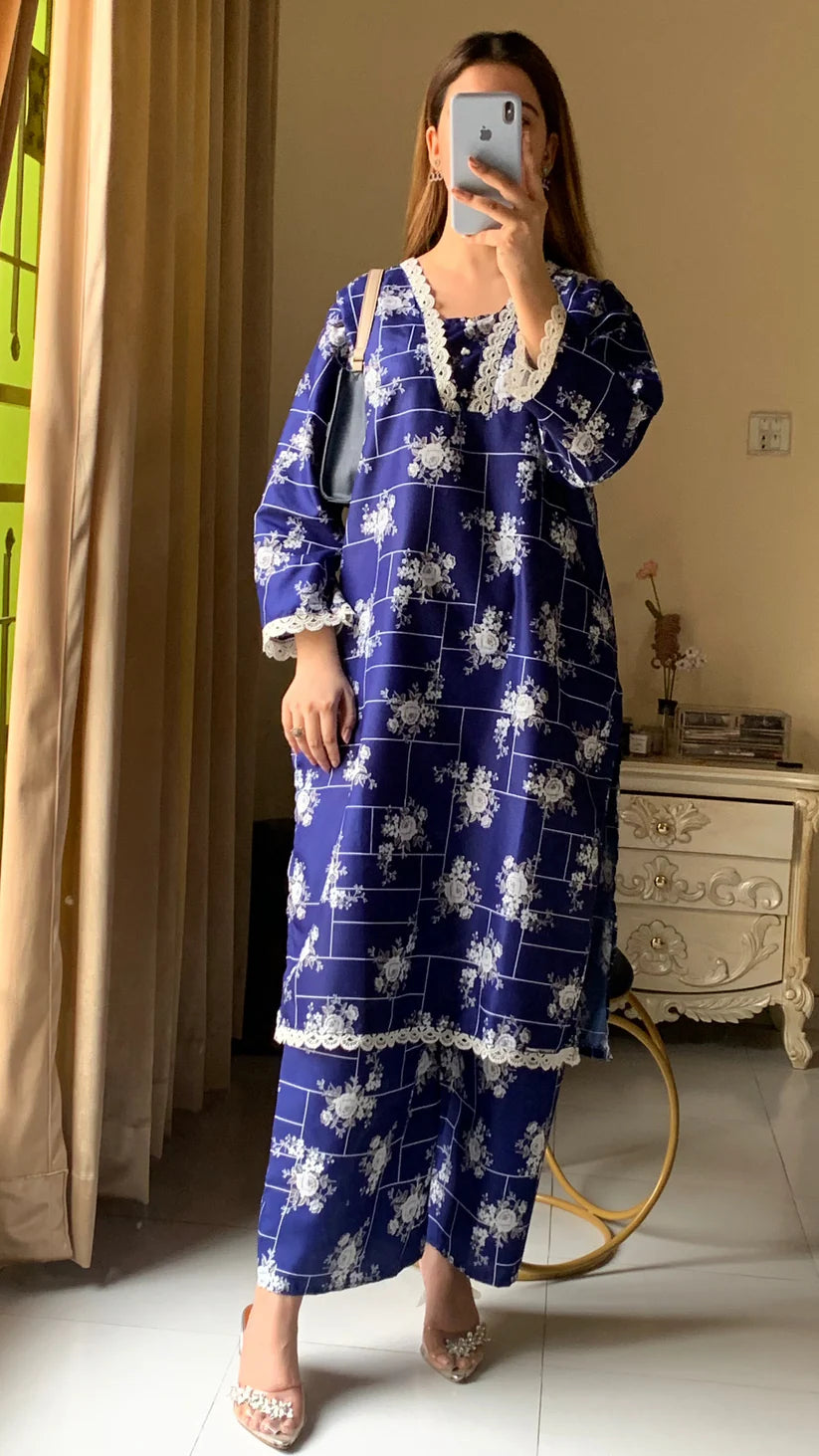Stitched 2-Piece Set with Elegant Lace Detailing – Long Length Outfit