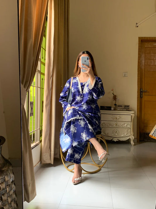 Stitched 2-Piece Set with Elegant Lace Detailing – Long Length Outfit