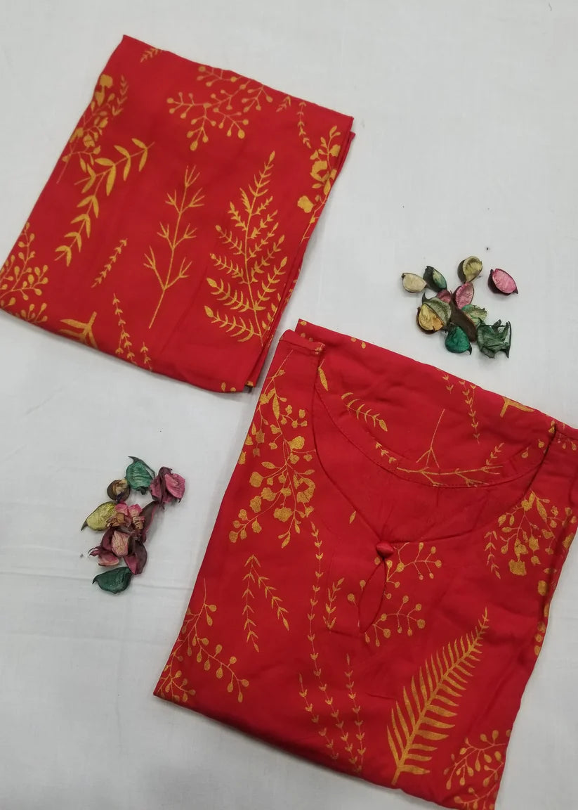 Floral Leaf Print Stitched 2Pcs (red)