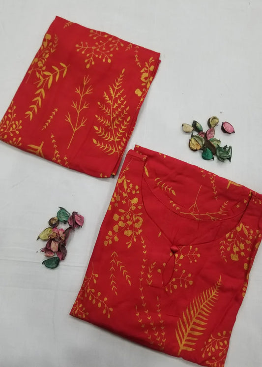 Floral Leaf Print Stitched 2Pcs (red)