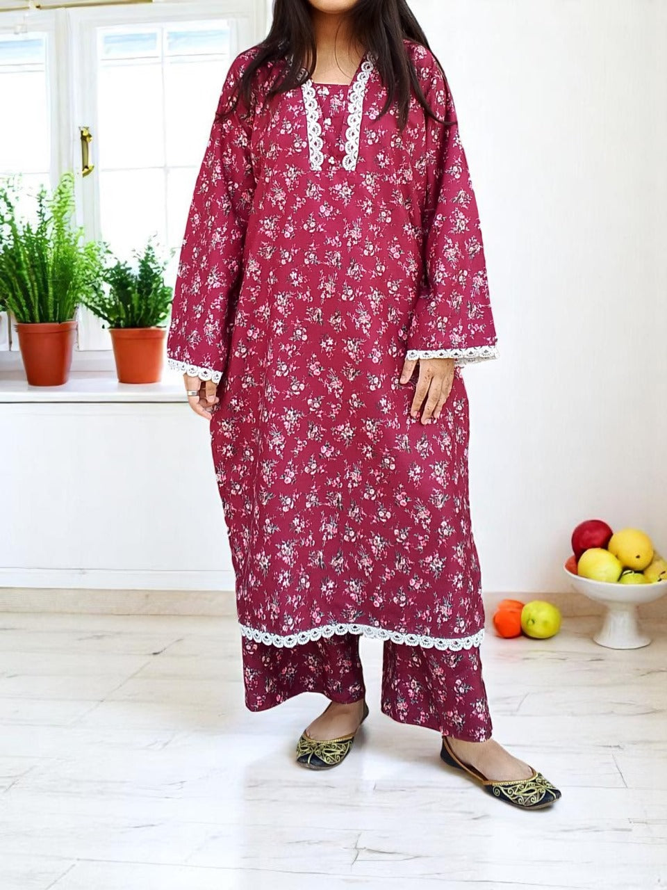 Stitched 2-Piece Set with Elegant Lace Detailing – Long Length Outfit