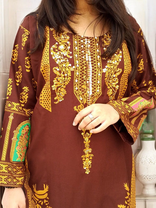 Classy Handmade Summer Arabic Lenan 2-Piece Suit (Brown)