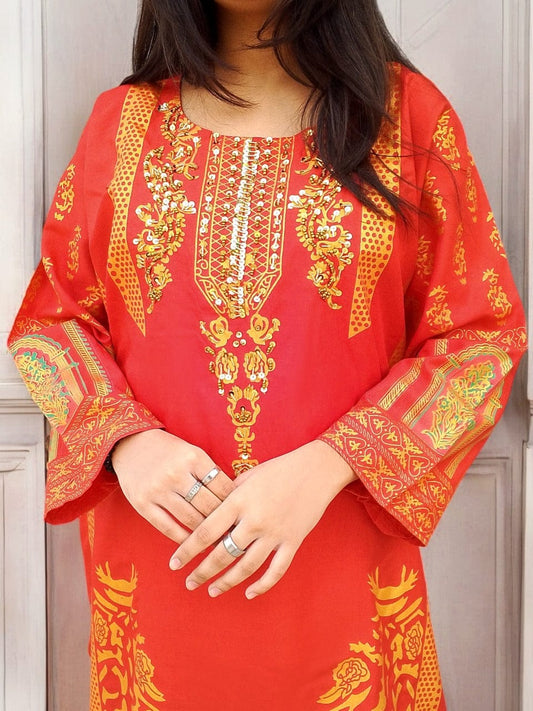 Classy Handmade Summer Arabic Lenan 2-Piece Suit (Red)