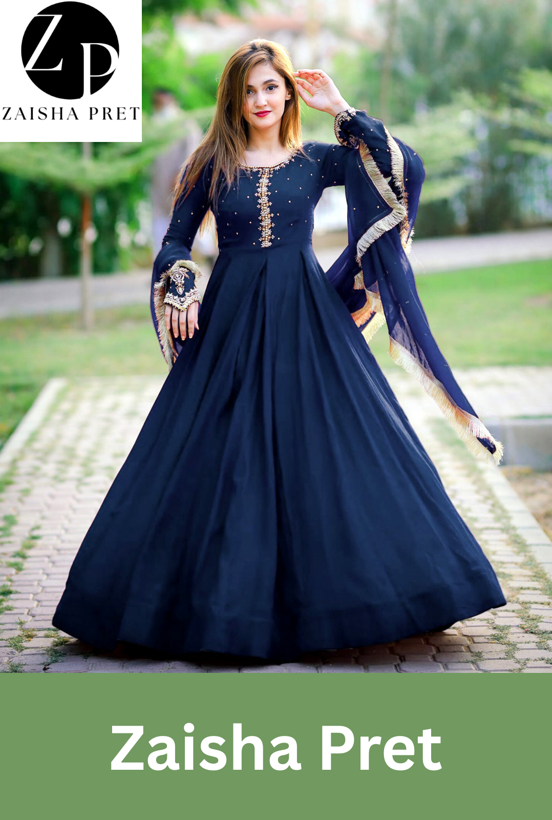 Neck, Sleeves Kaya Work Embroidered Long Maxi With Lace Work Dupatta Trouser 3Pcs