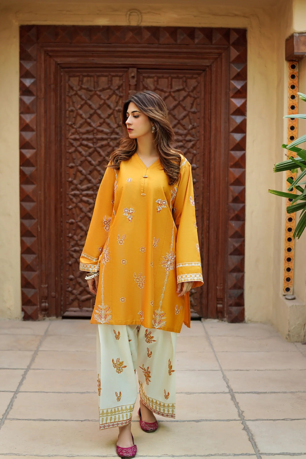 MUSTARD COTTON EMBROIDED 2 PIECE