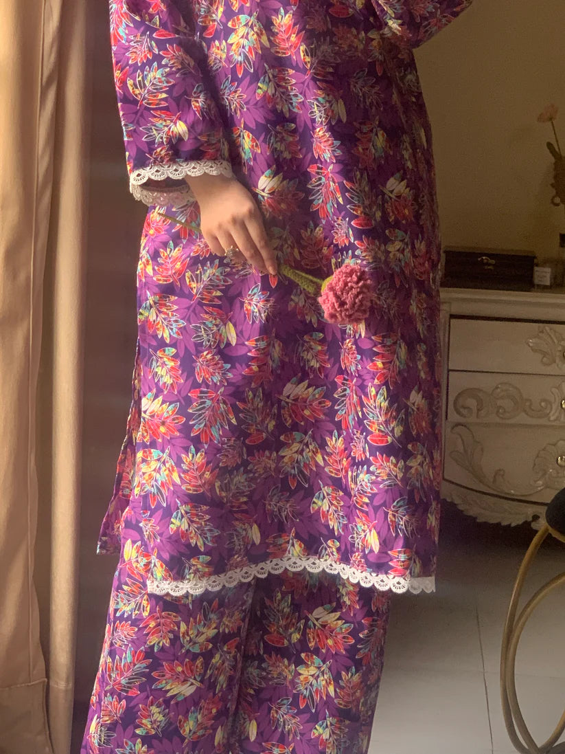 Stitched 2-Piece Set with Elegant Lace Detailing – Long Length Outfit