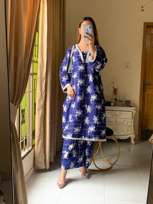 Stitched 2-Piece Set with Elegant Lace Detailing – Long Length Outfit