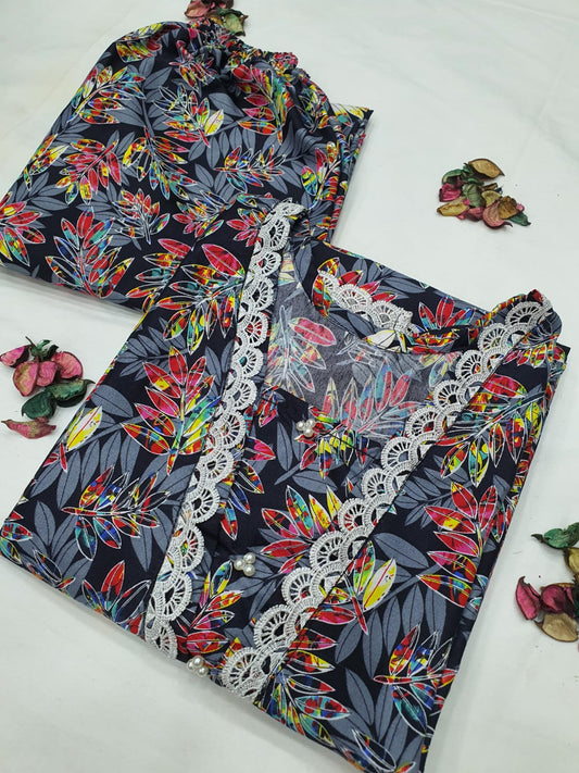 Stitched 2-Piece Set with Elegant Lace Detailing – Long Length Outfit