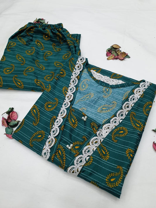 Stitched 2-Piece Set with Elegant Lace Detailing – Long Length Outfit