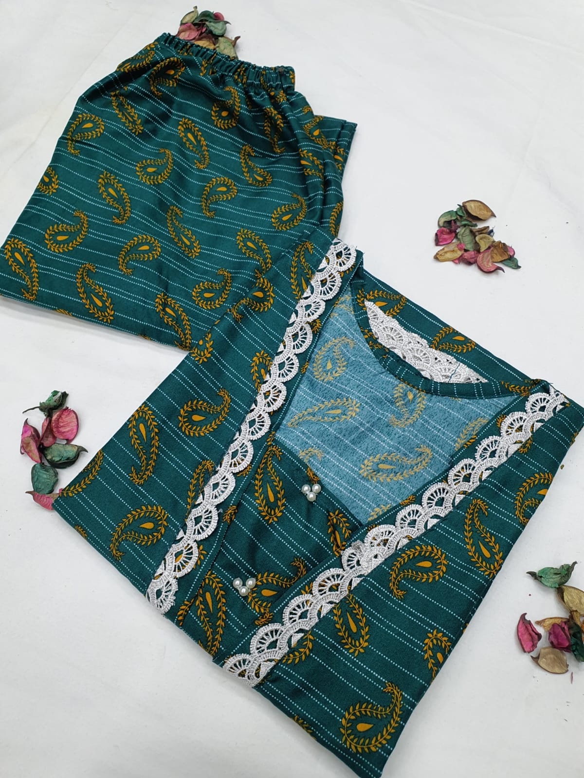 Stitched 2-Piece Set with Elegant Lace Detailing – Long Length Outfit
