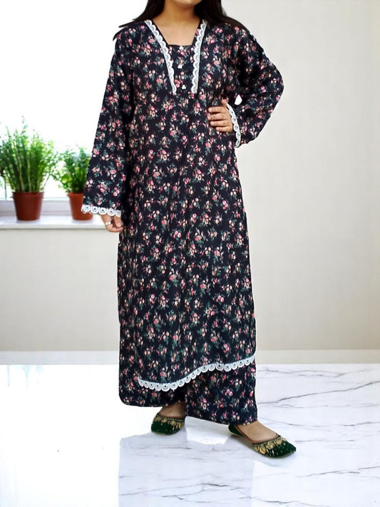 Stitched 2-Piece Set with Elegant Lace Detailing – Long Length Outfit