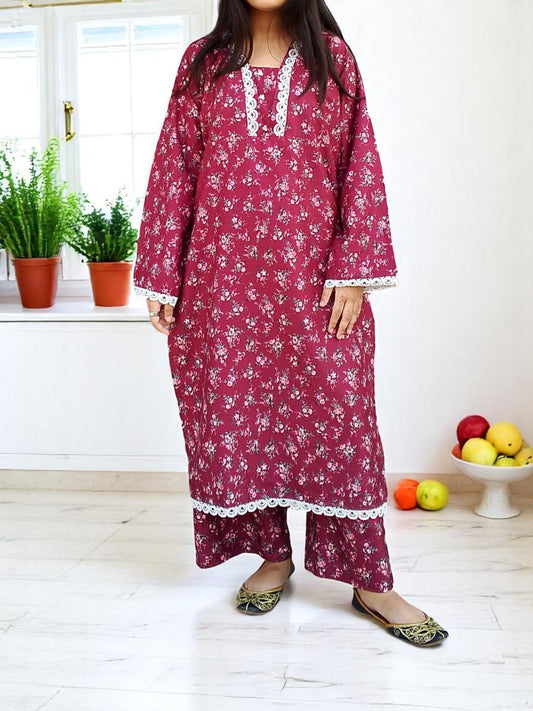Stitched 2-Piece Set with Elegant Lace Detailing – Long Length Outfit