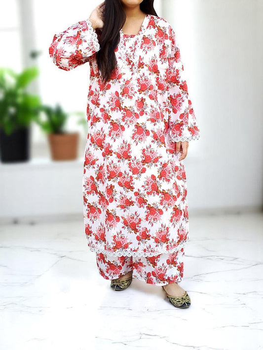 Stitched 2-Piece Set with Elegant Lace Detailing – Long Length Outfit
