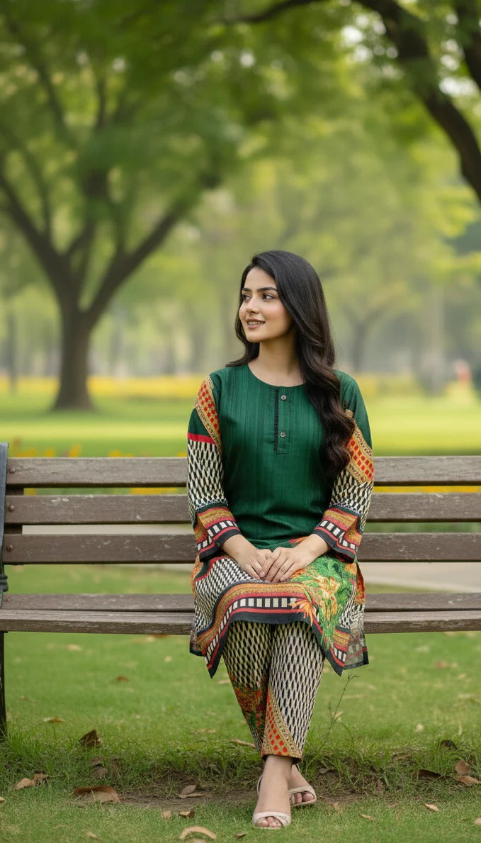 Long Length Stitched 2-Piece Set Digital Printed Outfit With Shalwar