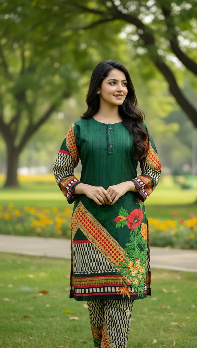 Long Length Stitched 2-Piece Set Digital Printed Outfit With Shalwar