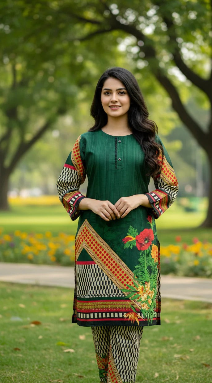 Long Length Stitched 2-Piece Set Digital Printed Outfit With Shalwar