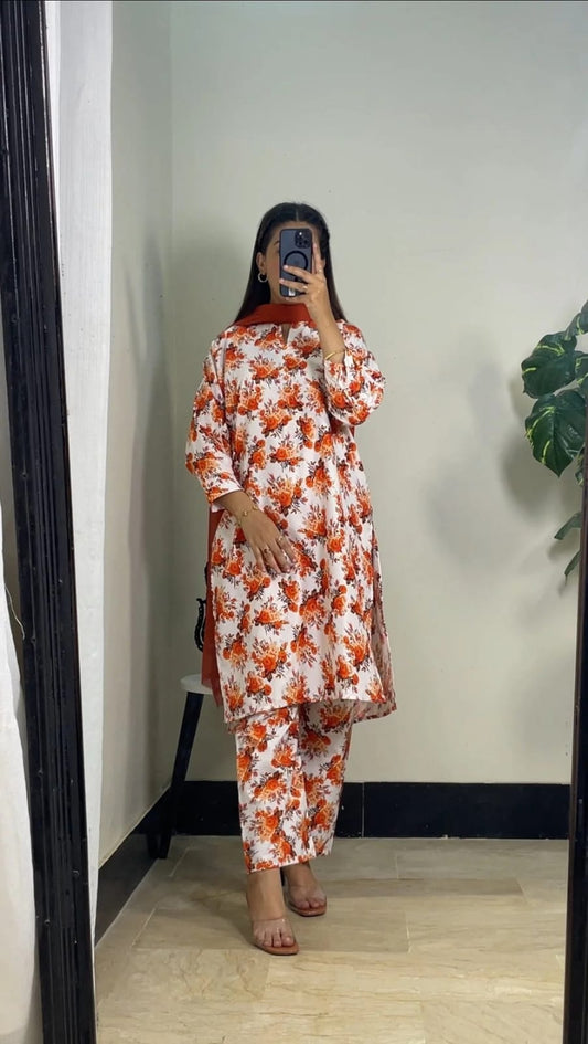 Stitched 2-Piece Set with Elegant Lace Detailing – Long Length Outfit