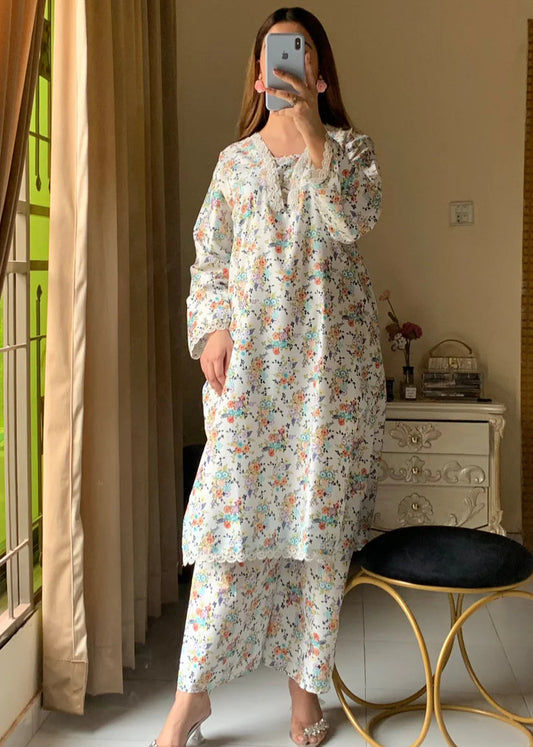 Stitched 2-Piece Set with Elegant Lace Detailing – Long Length Outfit